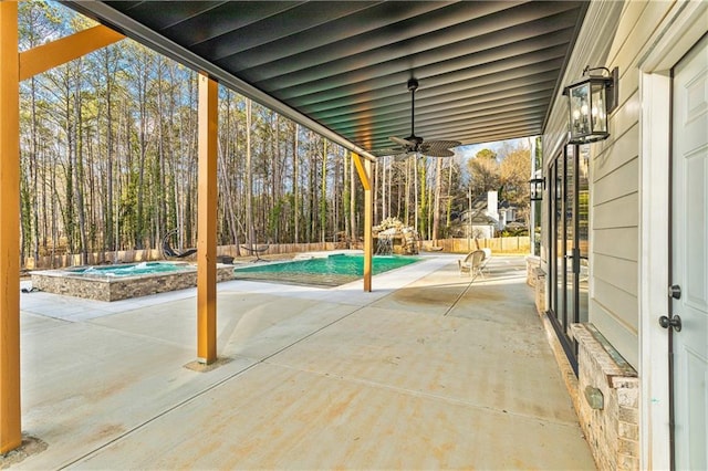 2634 Greenes Ln, Powder Springs, GA 30127 - view of patio / terrace with ceiling fan, fence, a fenced in pool, and an in ground hot tub