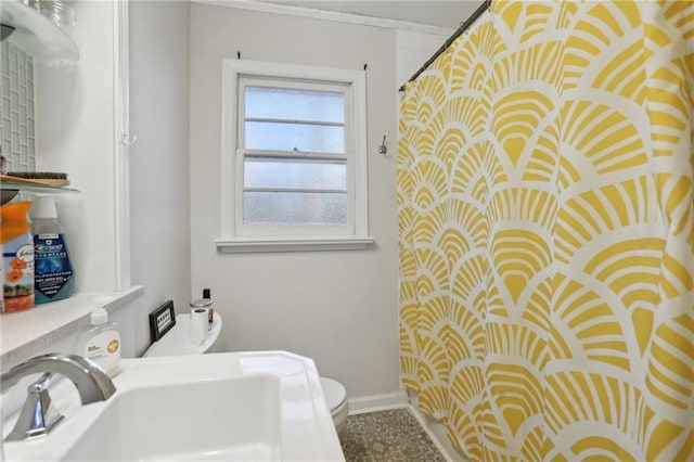 bathroom featuring toilet, crown molding, and sink