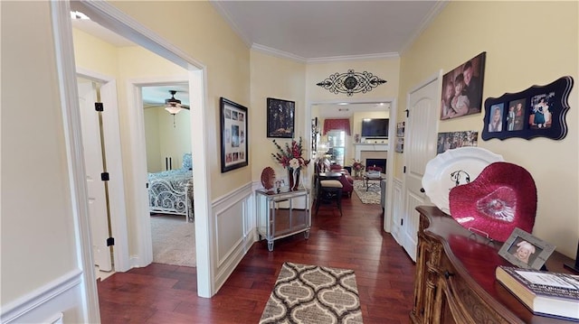 corridor featuring ornamental molding and dark hardwood / wood-style flooring