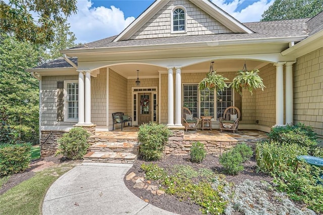 view of exterior entry with covered porch and roof with shingles