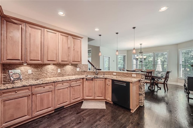 kitchen with a sink, backsplash, dark wood-type flooring, and black dishwasher