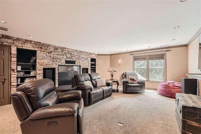 living room with crown molding, carpet flooring, and recessed lighting