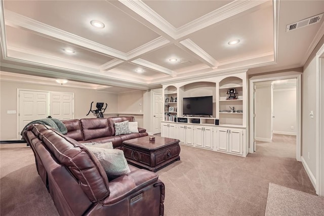 living room featuring visible vents, coffered ceiling, ornamental molding, light carpet, and beamed ceiling