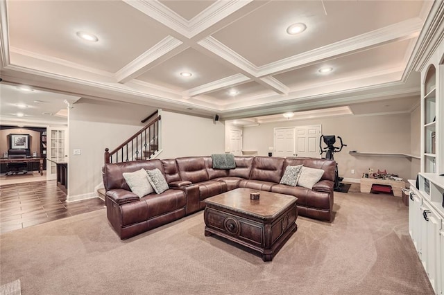 living area featuring crown molding, light carpet, beam ceiling, recessed lighting, and coffered ceiling