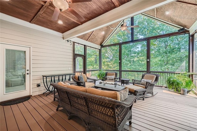 wooden terrace with outdoor lounge area and ceiling fan