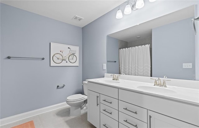 bathroom featuring tile patterned flooring, toilet, vanity, and a shower with shower curtain