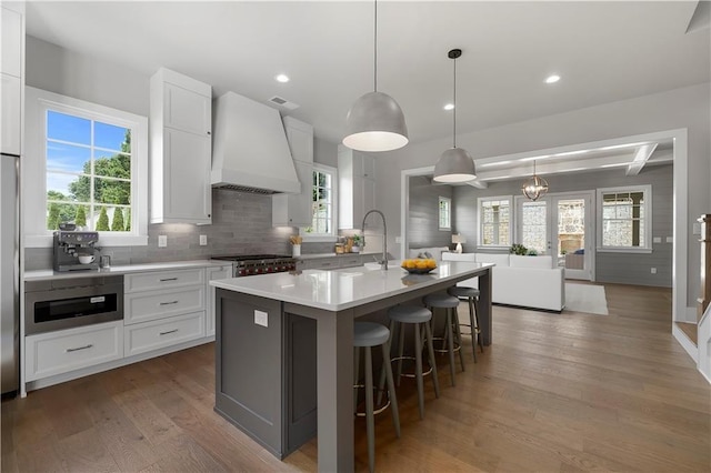 kitchen featuring dark hardwood / wood-style flooring, white cabinetry, a wealth of natural light, premium range hood, and a center island with sink