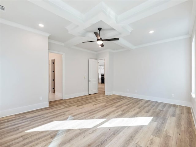 spare room with coffered ceiling, ornamental molding, beamed ceiling, ceiling fan, and light hardwood / wood-style flooring