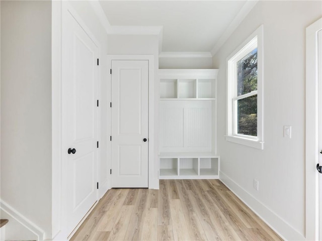 mudroom with light hardwood / wood-style floors and crown molding