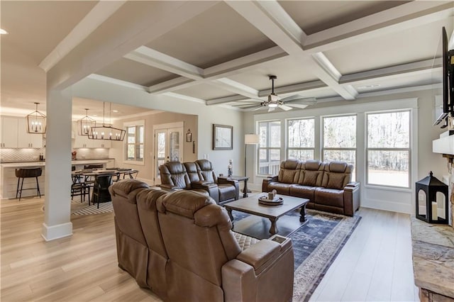 living area featuring baseboards, coffered ceiling, beamed ceiling, and light wood finished floors