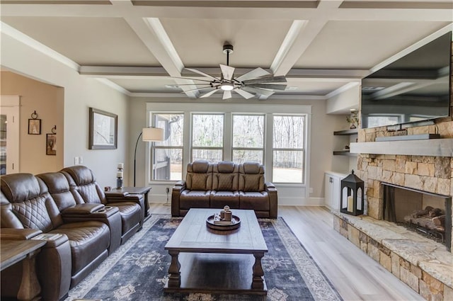 living area with dark wood-style flooring, a fireplace, coffered ceiling, beamed ceiling, and baseboards