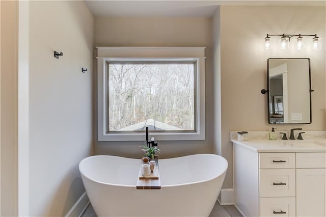 bathroom with a freestanding tub and vanity