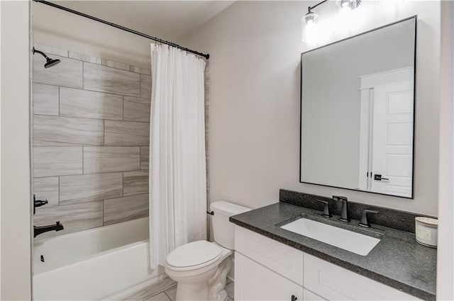 bathroom with toilet, shower / bath combination with curtain, and vanity