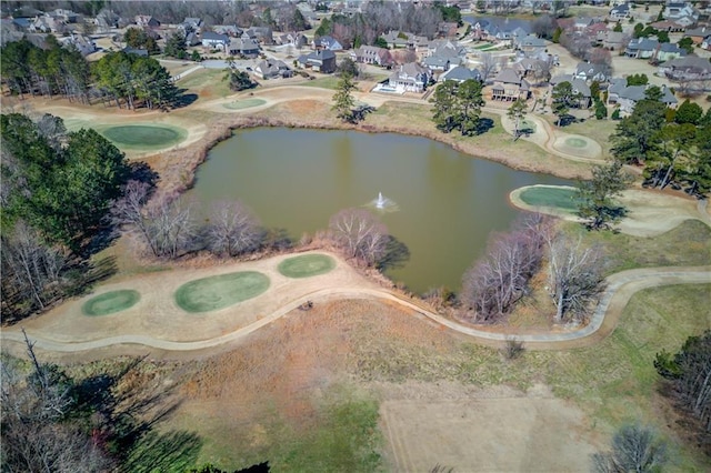 aerial view featuring a water view, a residential view, and golf course view