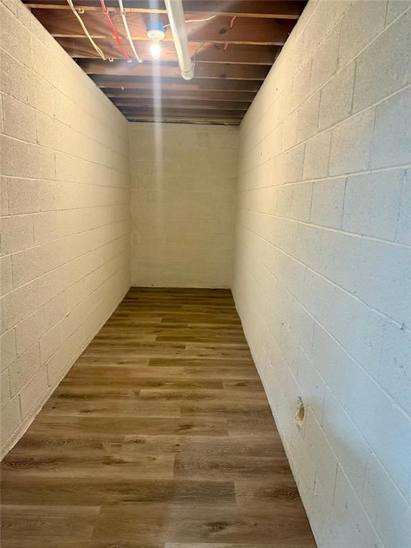 basement with hardwood / wood-style flooring