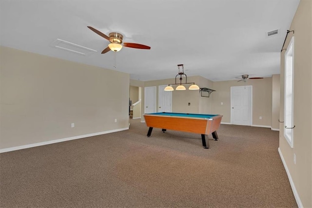 rec room with pool table, visible vents, a ceiling fan, carpet flooring, and baseboards