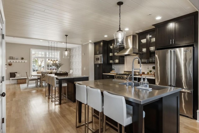 kitchen featuring a center island with sink, wall chimney range hood, backsplash, stainless steel appliances, and light wood finished floors