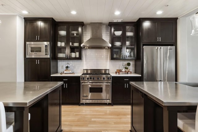 kitchen featuring tasteful backsplash, stainless steel countertops, wooden ceiling, high end appliances, and wall chimney exhaust hood