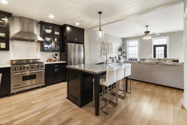 kitchen featuring wall chimney range hood, high end appliances, light wood finished floors, and a sink