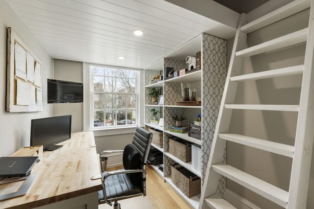 office with recessed lighting, wood ceiling, and wood finished floors