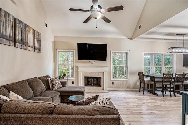 living room with a fireplace, light hardwood / wood-style floors, a healthy amount of sunlight, and vaulted ceiling