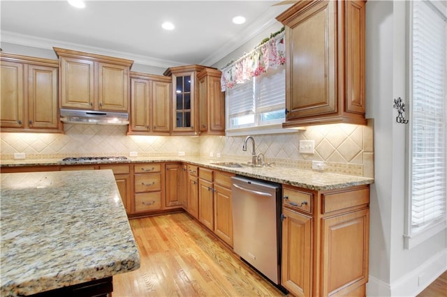 26 Trillium Ln, Acworth, GA 30101 - kitchen featuring dishwasher, a sink, under cabinet range hood, light wood-type flooring, and light stone countertops
