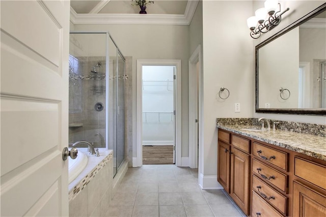 26 Trillium Ln, Acworth, GA 30101 - full bath featuring ornamental molding, a stall shower, vanity, tile patterned floors, and a bath