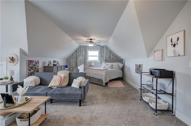 bedroom featuring vaulted ceiling, a ceiling fan, baseboards, and carpet floors