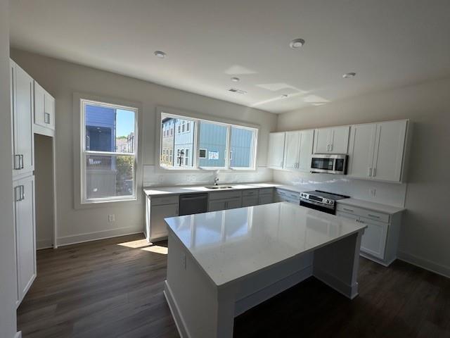 1392 Cozy Cir Unit 349, Atlanta, GA 30315 - kitchen featuring dark wood-style flooring, a center island, light countertops, appliances with stainless steel finishes, and a sink