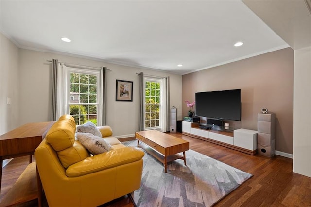 3912 Edenton Ct NE, Brookhaven, GA 30319 - living room with ornamental molding, wood finished floors, recessed lighting, and baseboards