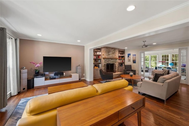 3912 Edenton Ct NE, Brookhaven, GA 30319 - living room featuring a large fireplace, wood finished floors, ornamental molding, recessed lighting, and ceiling fan