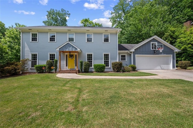 3912 Edenton Ct NE, Brookhaven, GA 30319 - colonial-style house with an attached garage, concrete driveway, a front yard, and board and batten siding