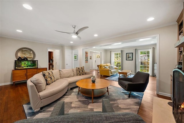 3912 Edenton Ct NE, Brookhaven, GA 30319 - living room featuring recessed lighting, wood finished floors, ornamental molding, baseboards, and a ceiling fan