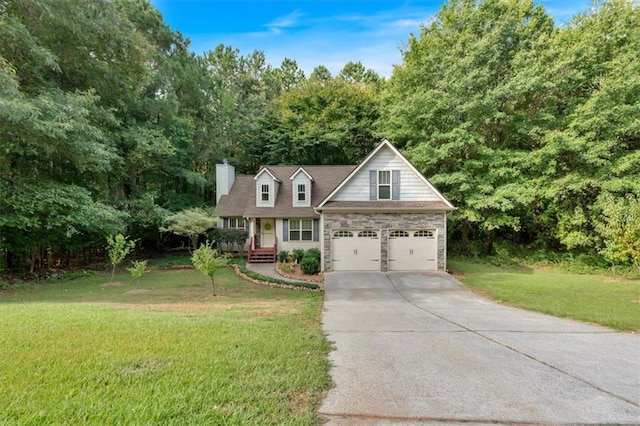 view of front of house featuring a porch, a garage, and a front lawn