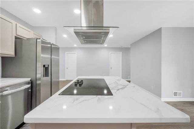 3355 Wesley Chapel Rd, Decatur, GA 30034 - kitchen featuring appliances with stainless steel finishes, a center island, baseboards, island range hood, and recessed lighting