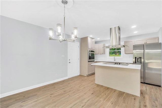3355 Wesley Chapel Rd, Decatur, GA 30034 - kitchen with stainless steel appliances, island range hood, a chandelier, a kitchen island, and light wood finished floors