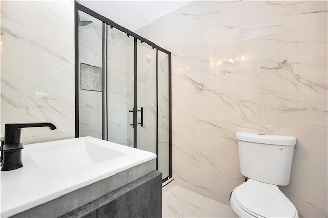 3355 Wesley Chapel Rd, Decatur, GA 30034 - full bathroom featuring tile walls, a marble finish shower, toilet, a sink, and marble finish flooring