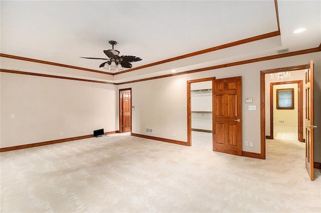 402 Clyde Ct, Mcdonough, GA 30252 - unfurnished room with ornamental molding, a raised ceiling, ceiling fan, light carpet, and recessed lighting