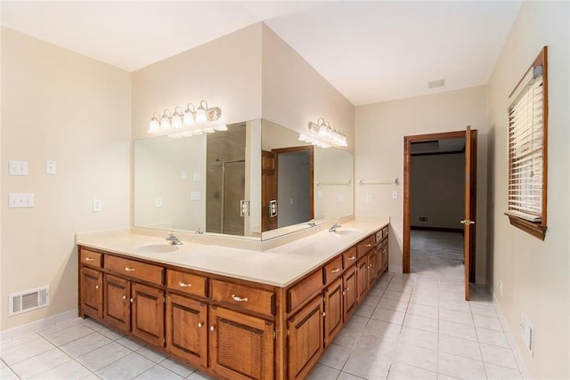 402 Clyde Ct, Mcdonough, GA 30252 - full bathroom with tile patterned flooring, double vanity, and a shower stall