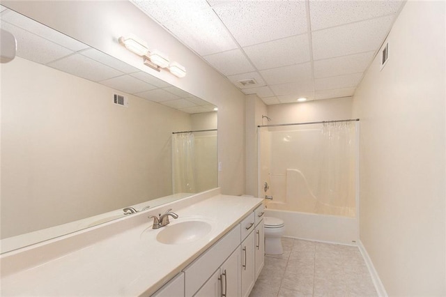 402 Clyde Ct, Mcdonough, GA 30252 - bathroom with vanity, tile patterned floors, shower / tub combo with curtain, and a paneled ceiling
