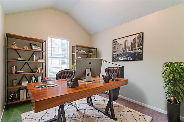 6304 Kendra Ln, Lithonia, GA 30058 - carpeted home office featuring lofted ceiling and baseboards