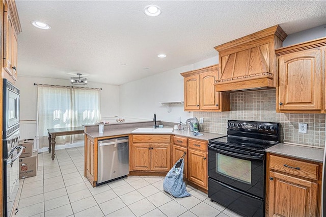 kitchen with premium range hood, black / electric stove, a sink, built in microwave, and stainless steel dishwasher