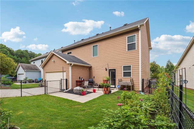 back of property featuring a yard, a patio, concrete driveway, fence, and a garage