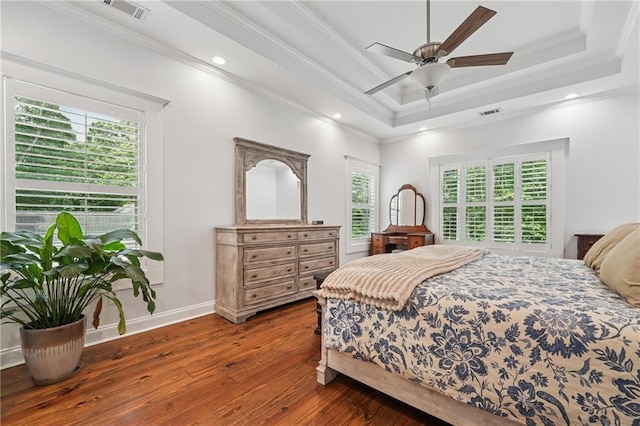 2945 Ashbyrn Ct, Buford, GA 30519 - bedroom featuring wood-type flooring, baseboards, crown molding, a tray ceiling, and ceiling fan