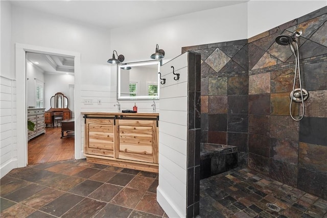 2945 Ashbyrn Ct, Buford, GA 30519 - bathroom with plenty of natural light, walk in shower, vanity, stone finish floors, and recessed lighting