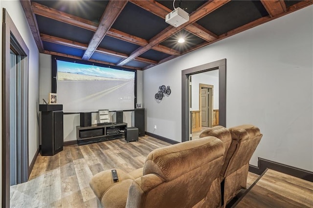 2945 Ashbyrn Ct, Buford, GA 30519 - cinema room featuring light wood-type flooring, baseboards, coffered ceiling, and beamed ceiling