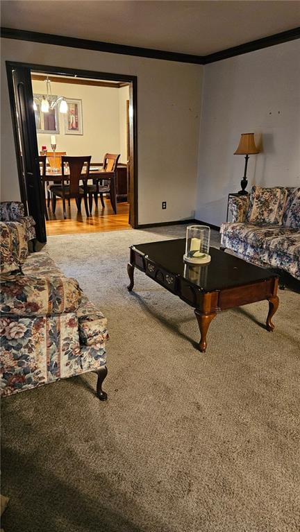 carpeted living room with ornamental molding