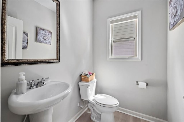 bathroom featuring toilet, sink, and wood-type flooring