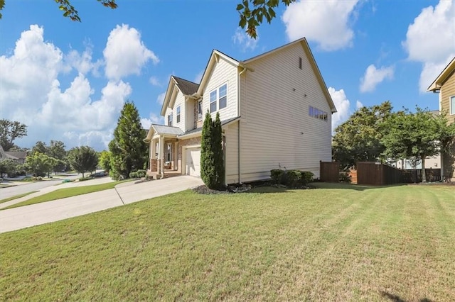 view of property exterior featuring a garage and a yard