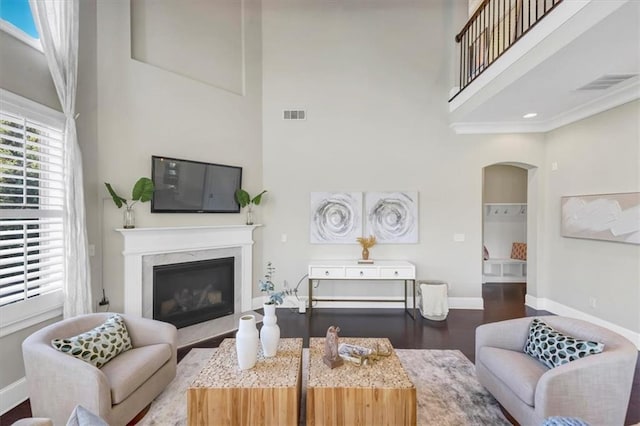 living room featuring crown molding, a towering ceiling, and hardwood / wood-style floors